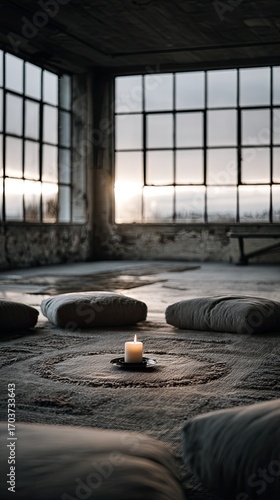 Cozy interior with cushions and a candle, capturing a serene sunset in an industrial setting