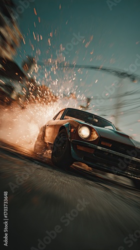 Vintage car drifting on a city street, creating sparks and dust, with urban backdrop and power lines