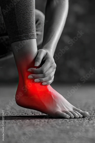Close-up of a person holding their ankle in pain, highlighting injury, with a blurred background