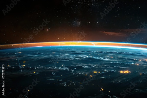 A breathtaking view of Earth from space at dusk, showcasing vibrant atmospheric colors and distant stars