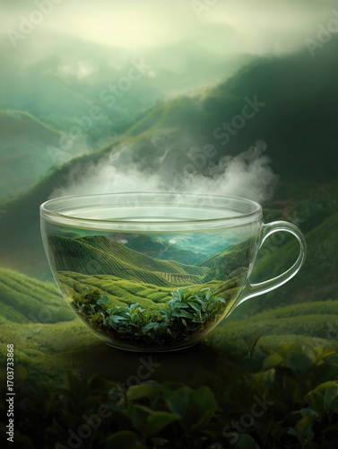 A serene landscape of lush green hills reflected in a clear glass cup of steaming tea, evoking tranquility