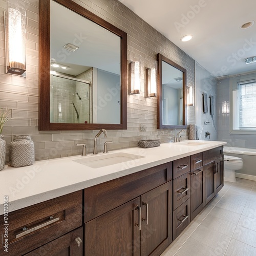Modern bathroom interior featuring double sinks, stylish mirrors, and elegant lighting, with a shower area in the background