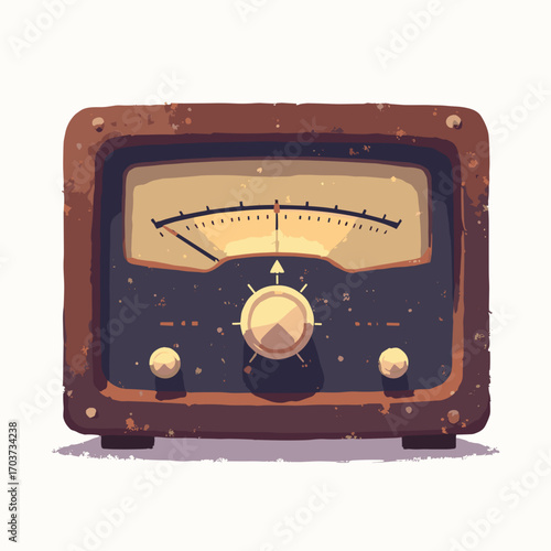Vacuum tube radio dial — bakelite tuning knob, glowing pilot lamp and frequency scale, white background