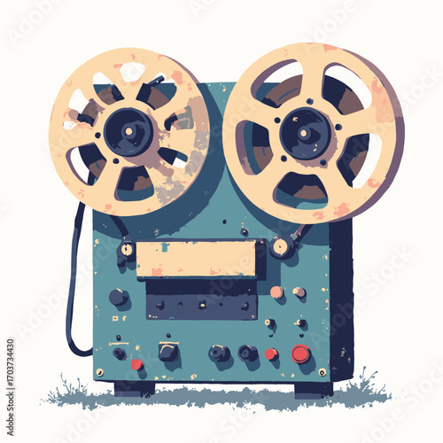 Reel-to-reel audio tape spool — magnetic tape threaded across capstan and head block, white background