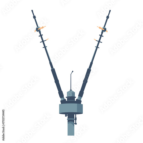 Television rabbit-ear antenna base — twin telescoping rods, swivel joints and weighted clamp, white background
