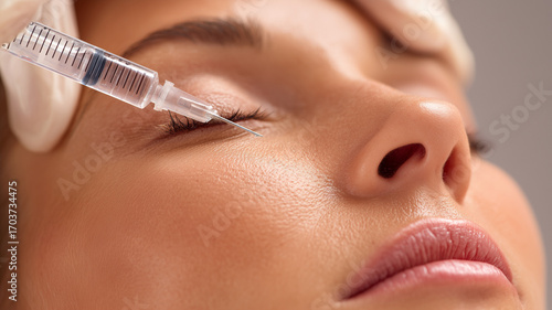 Close-up of a woman receiving a cosmetic injection near the eye area. Concept of beauty treatment, anti-aging procedures, and aesthetic medicine
