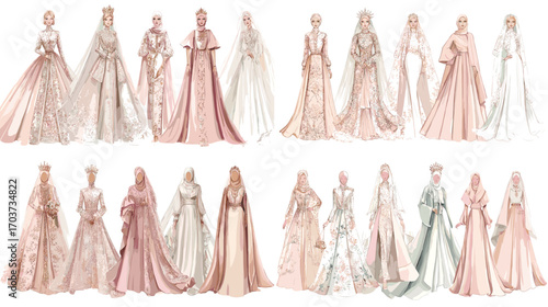 Stylish illustration of bridal gowns in soft pastel colors with lace, veils, and embroidery, perfect for wedding, fashion, beauty, and couture design projects.