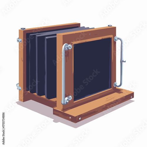 Bellows-style large-format camera plate holder — wooden frame with dark slides and metal clips, white background