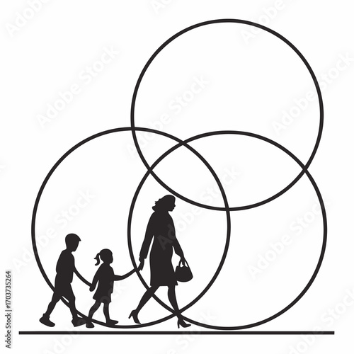 Family walking together through interconnected circles representing life stages and community