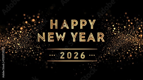 Elegant Happy New Year 2026 Celebration with Golden Glitter and Bokeh Effect on Black Background