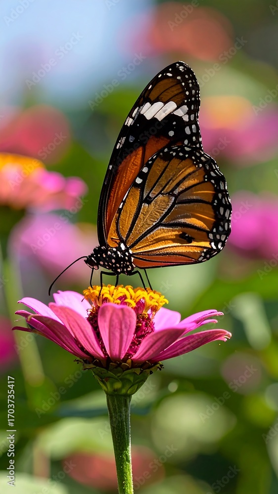 Obraz premium A monarch butterfly rests on a vibrant pink zinnia