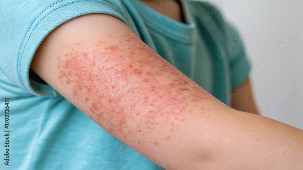 Child arm rash eczema atopic dermatitis skin irritation, red inflamed ...