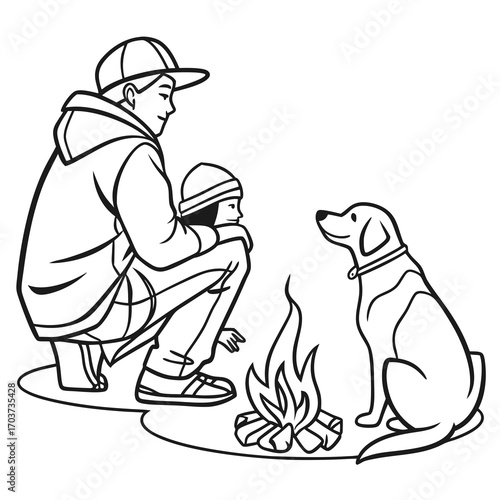 Man and Child by Campfire with Dog A heartwarming Line Art Illustration