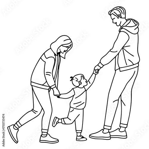 A happy, loving family with a young child holding hands, enjoying a simple moment together in a line art illustration