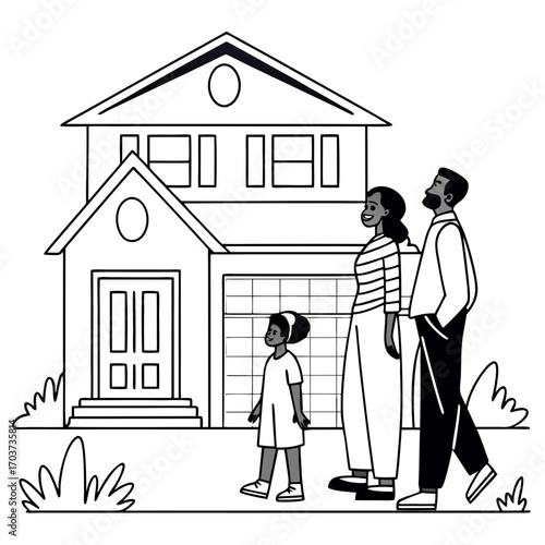 Family walking towards a new home with a garage and front yard