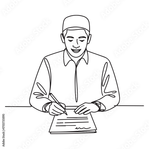 One single line Art drawing of young happy male muslim businessman writing business contract draft. with white background
