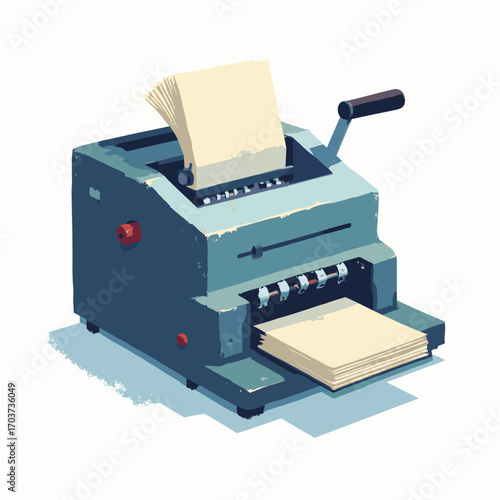 Punched card stack and keypunch machine — metal feed chute and numeric punches with card deck, white background