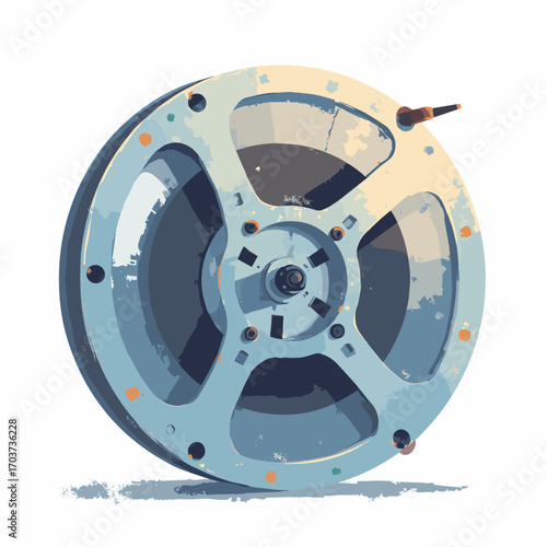 Mainframe magnetic tape reel — large metal reel on spindle with paper leader and hub markings, white background