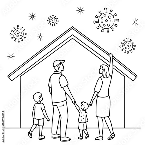 Family finds safety and unity at home, a protective shield against external health threats. This illustration emphasizes staying indoors during a crisis for collective well-being and security