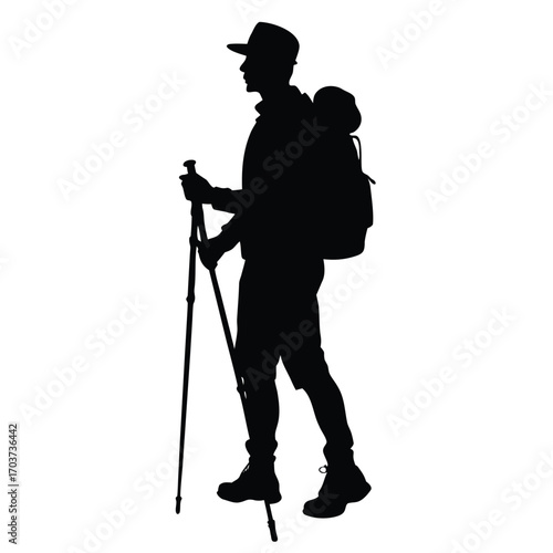 Hiker Silhouette with Backpack and Trekking Poles, Side View Isolated on White