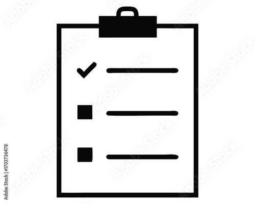 Vector business icon showing a black clipboard with a pen and a blank sheet of paper, ready for a checklist or form