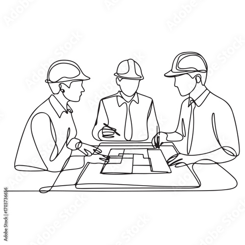 One continuous line Art drawing of young architects discussing construction design blueprint at office meeting. with white background
