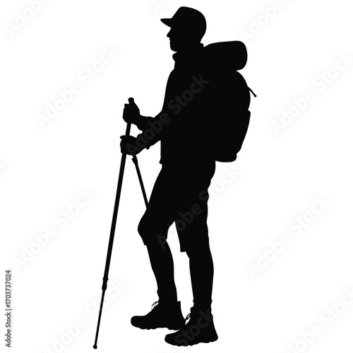 Hiker Silhouette with Backpack and Walking Sticks Adventure in Nature Depicted