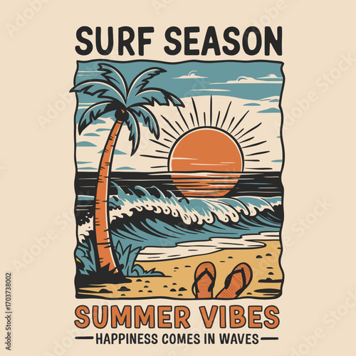 Retro style vector illustration of a tropical beach sunset with a palm tree and ocean waves. A vintage surf design for summer apparel