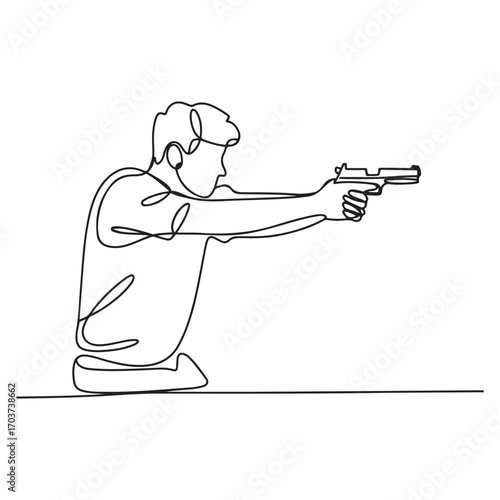 Single continuous line Art drawing of young athlete man shooter holding gun and training to aim target tactical shooting. with white background