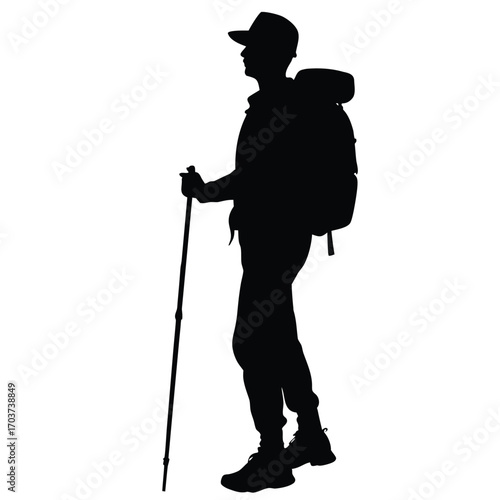 Man Hiking Silhouette with Backpack and Trekking Pole Outdoor Adventure Art