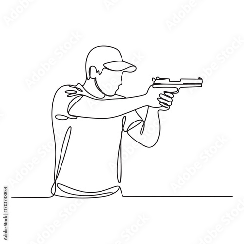 Single continuous line Art drawing of young athlete man shooter holding gun and training to aim target tactical shooting. with white background
