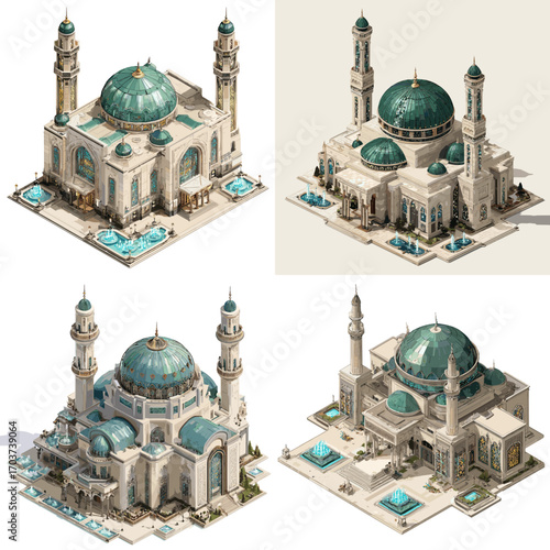 Isometric illustration of grand Islamic mosques with domes, minarets, and courtyards, perfect for religion, architecture, culture, and heritage design projects.