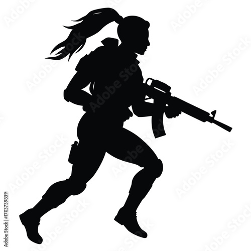 Silhouette of a Female Soldier Running with Assault Rifle in Full Gear