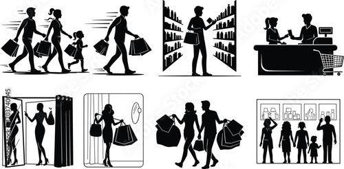Silhouette people shopping in mall, family buying products, couple carrying bags, woman trying clothes, cashier checkout, retail consumer lifestyle vector