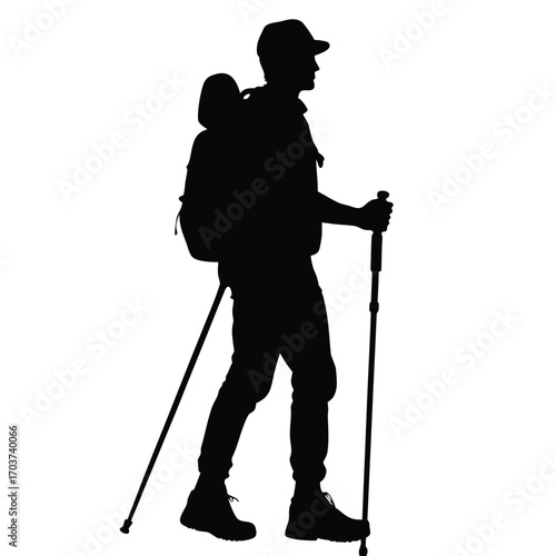 Silhouette of a Hiker with Backpack and Trekking Poles Against a White Backdrop