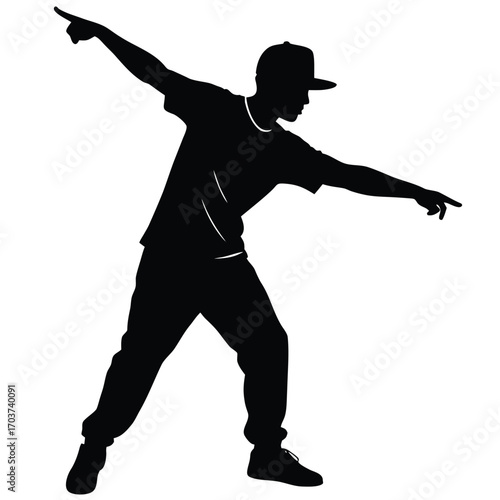 Silhouette of a Dynamic Breakdancer Pointing Isolated on White Background, Dance Art