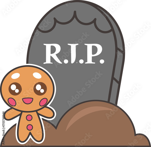 Vector art of cute gingerbread man character standing next to a tombstone with rip inscription