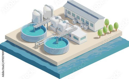 Isometric coastal water treatment plant with filtration tanks and modern infrastructure, clean water purification facility near ocean or river