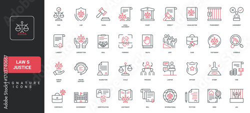 Law and justice, legal document and human rights, court, legislative process line icon set. Proof of crime, jury verdict and judge, fair judgment thin black and red outline symbols vector illustration