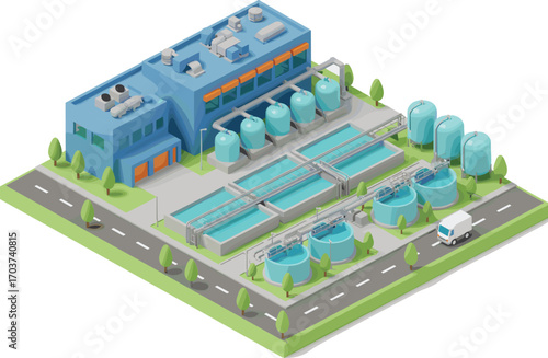 Isometric modern water treatment facility with circular filtration tanks and storage silos, clean utility infrastructure with green landscaping