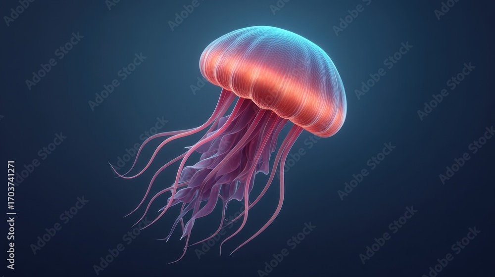 Naklejka premium Stunning and Ethereal Jellyfish in Vibrant Colors Swimming Gracefully Through Dark Water, Showcasing Intricate Tentacles and Beautiful Patterns