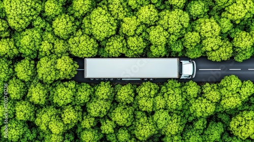 An aerial view of a truck moving through lush green trees captures the essence of transportation in nature, Ideal for logistics, environmental themes, or nature conservation projects,