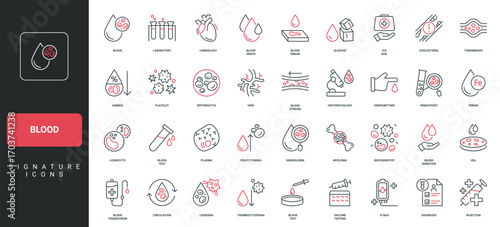 Blood test result in medical laboratory, hematology, cardiology line icon set. Plasma, leukocyte and erythrocyte, platelet, histopathology thin black and red outline symbols vector illustration