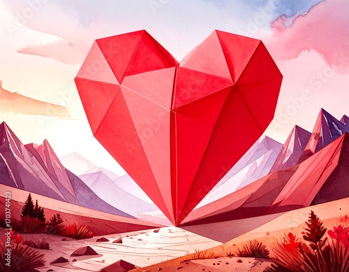 A vibrant heart-shaped origami figure amidst a mountainous landscape