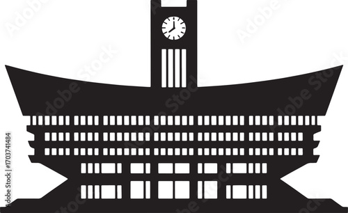 City Hall Silhouette with Clock Tower and Architectural Details on Transparent Background Vector