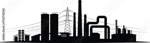 Detailed Industrial Plant Vector Illustration with Factory Skyline and Power Lines Graphic