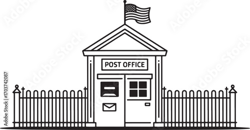 Detailed Post Office Building Vector Illustration with American Flag and Fence Line Graphic Design