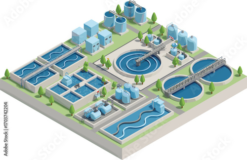 Isometric water treatment facility with tanks, clarifiers, filtration units, and sedimentation basins — clean water infrastructure