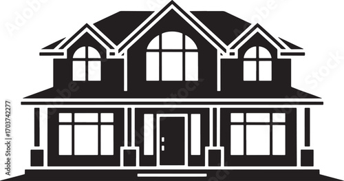 Elegant Home Silhouette A Two Story House with Arched Window and Porch Detail Illustration