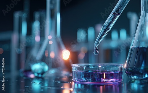 A close-up shot of a laboratory scene featuring a pipette dispensing liquid into a petri dish, with various beakers and test tubes in the background, illuminated with a cool, blue-toned light
